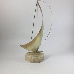 Vintage MCM DeMott Metal Brass Sculpture Sailboat Stone Base Signed Onyx 13" H